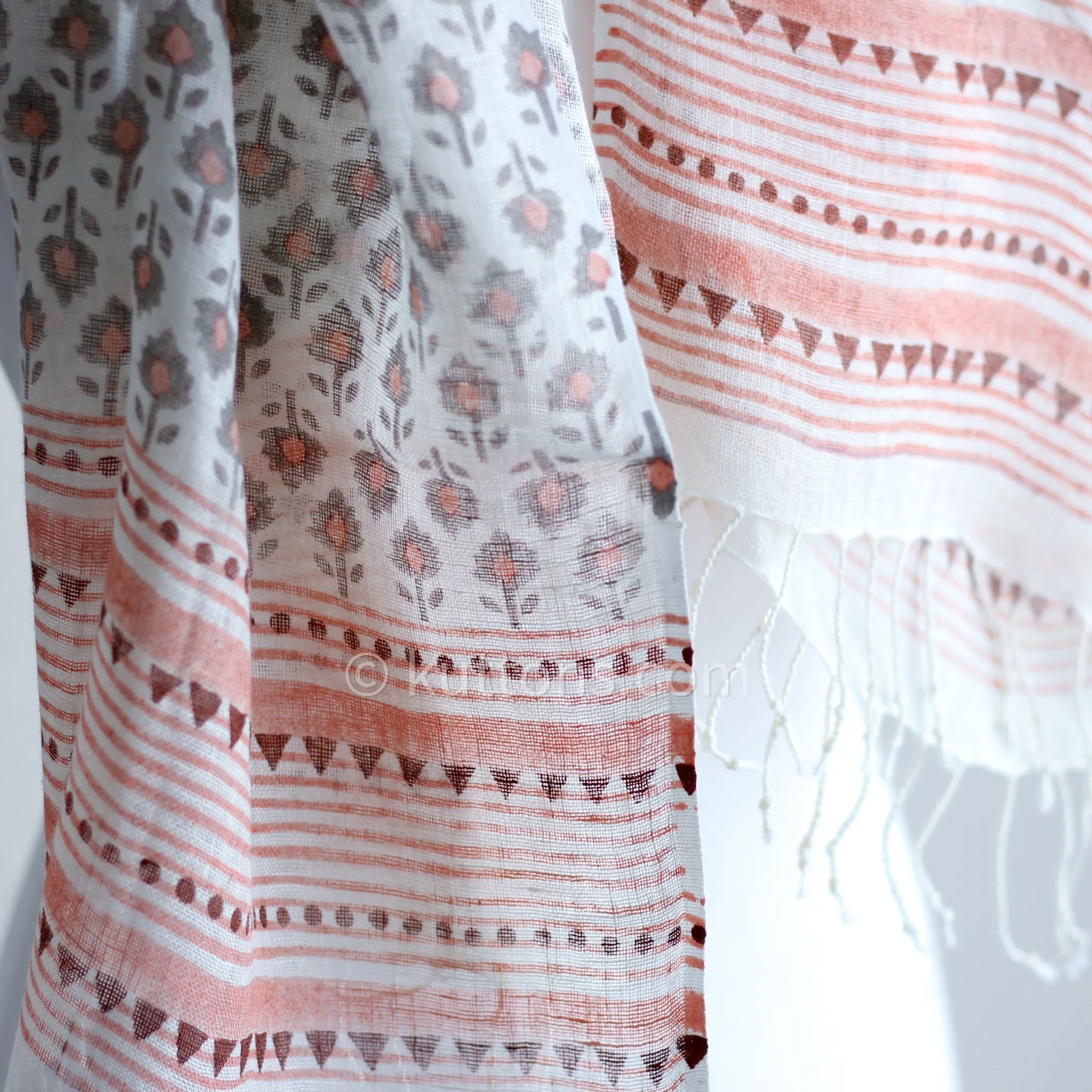 100% Linen Floral Hand Block Printed Stole - Striped Border with Tassels | Cream, Peach, 20x71"