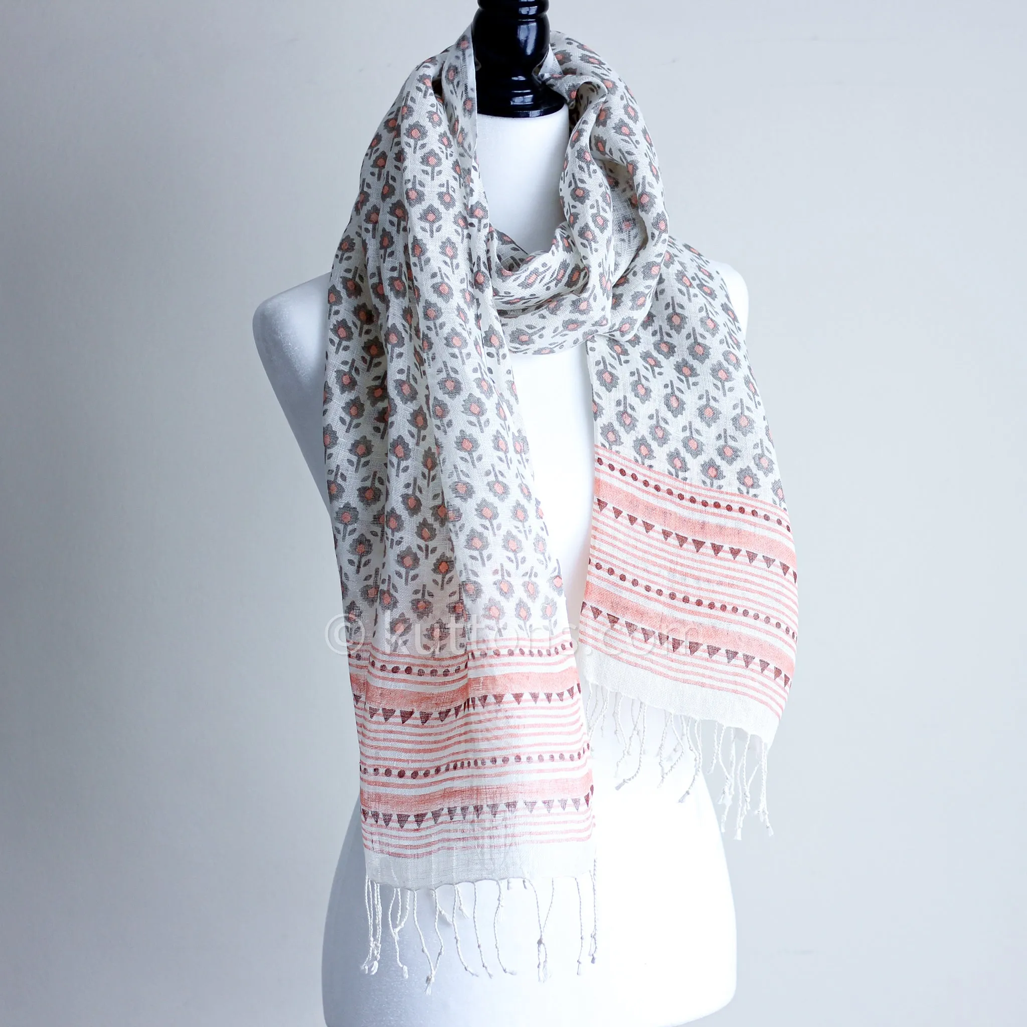 100% Linen Floral Hand Block Printed Stole - Striped Border with Tassels | Cream, Peach, 20x71"