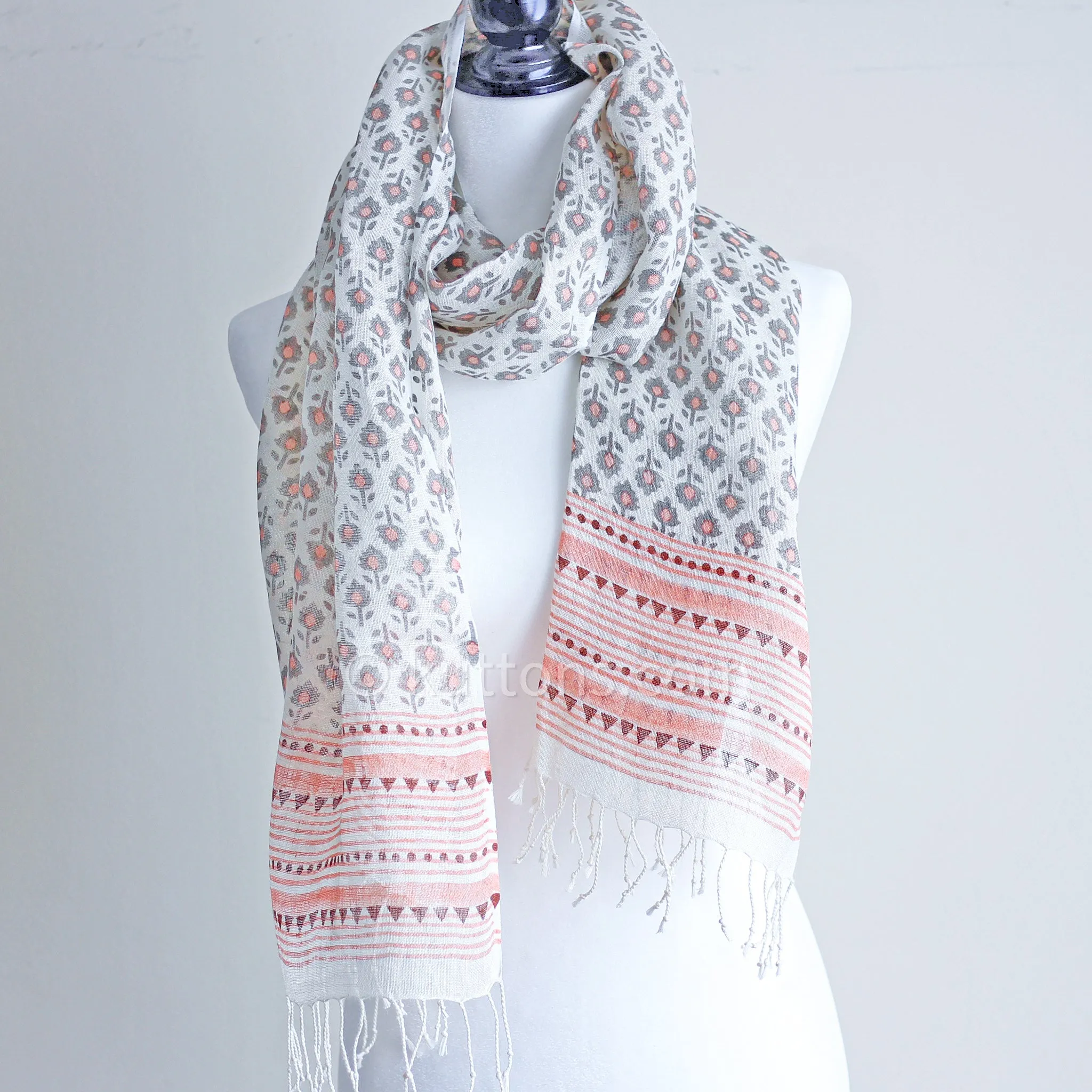 100% Linen Floral Hand Block Printed Stole - Striped Border with Tassels | Cream, Peach, 20x71"