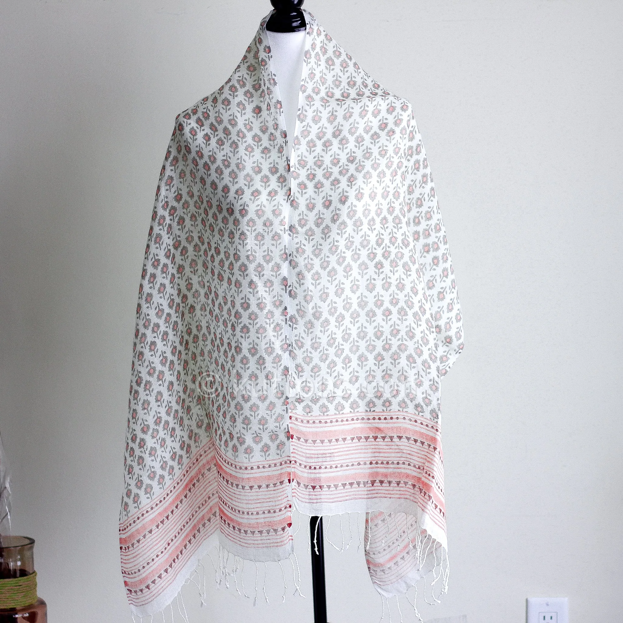 100% Linen Floral Hand Block Printed Stole - Striped Border with Tassels | Cream, Peach, 20x71"