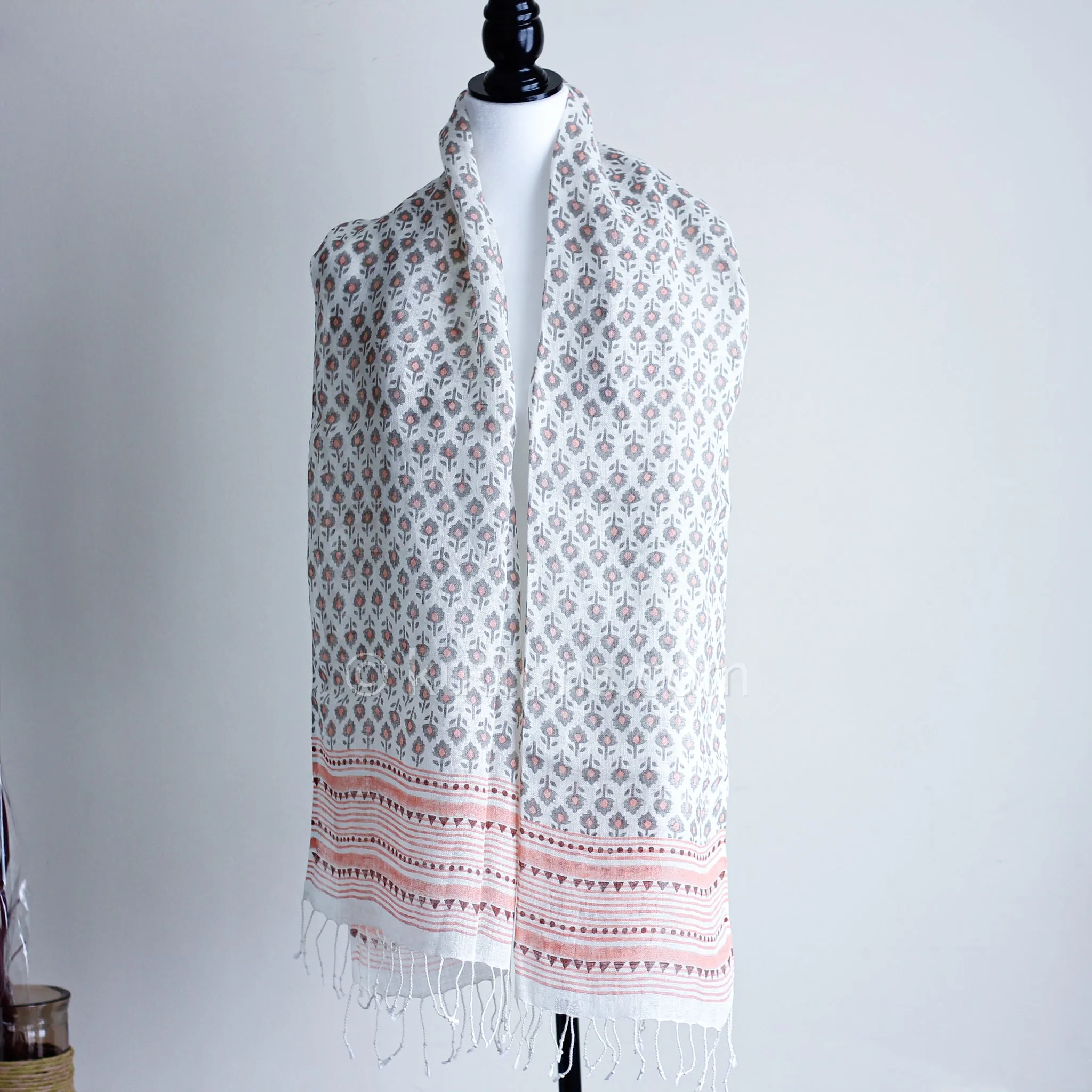 100% Linen Floral Hand Block Printed Stole - Striped Border with Tassels | Cream, Peach, 20x71"