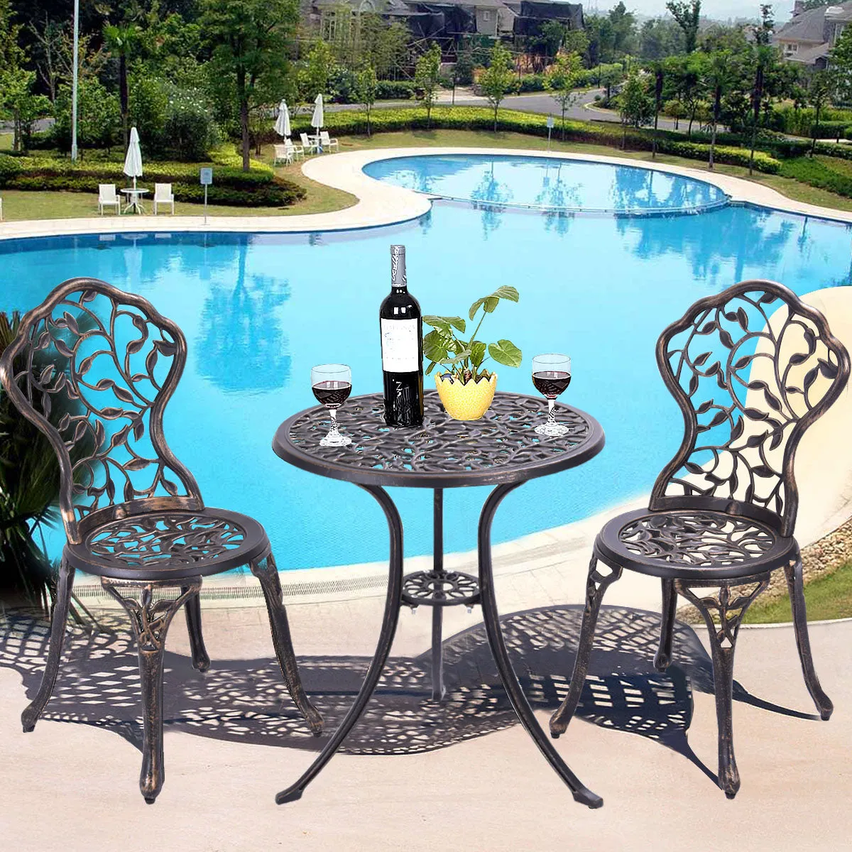 3-Piece Outdoor Bistro Set with Rust-Resistant Cast Aluminum and Leaf Design