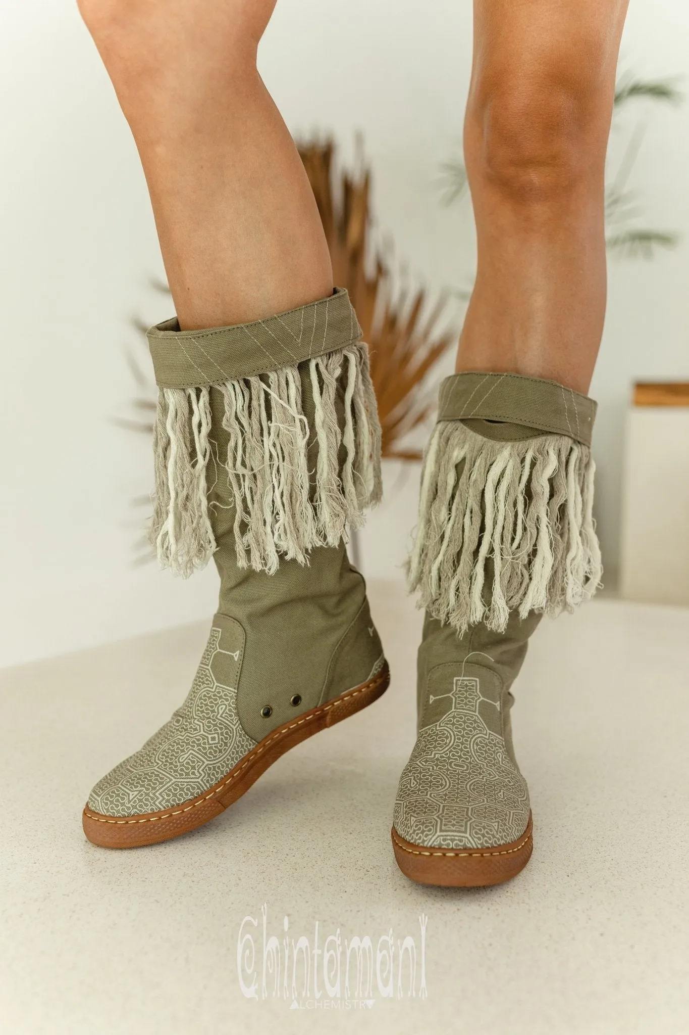 Alma Libra Cotton Canvas Vegan Fringe Boots / Boho High Shoes / Army Green