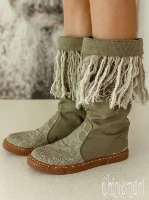 Alma Libra Cotton Canvas Vegan Fringe Boots / Boho High Shoes / Army Green