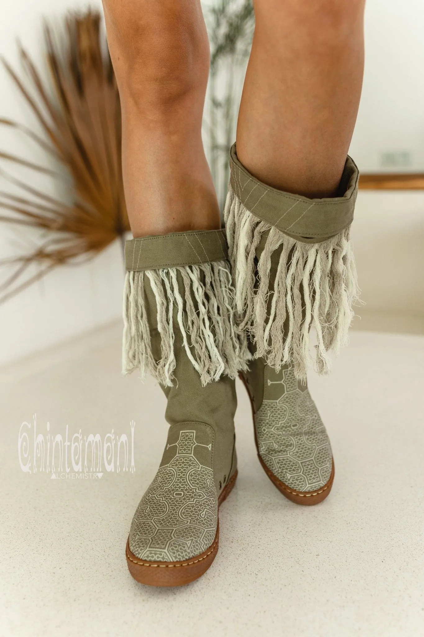 Alma Libra Cotton Canvas Vegan Fringe Boots / Boho High Shoes / Army Green