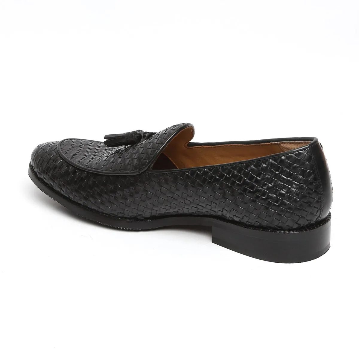 Apron Toe Tassel Slip-On Shoes Black Hand Weaved Leather