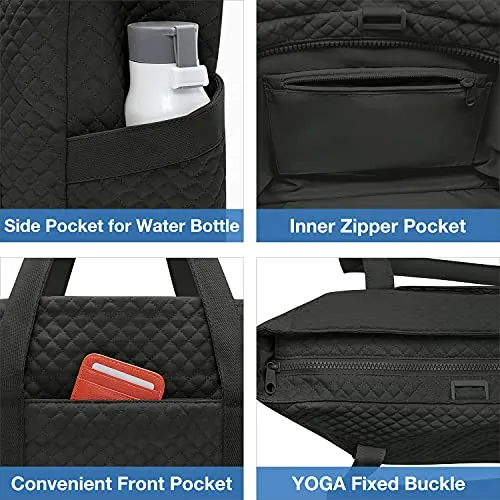 BAGSMART Large Tote Bag For Women, Shoulder Bag With Yoga Mat Buckle For Gym,Work,Travel,Black