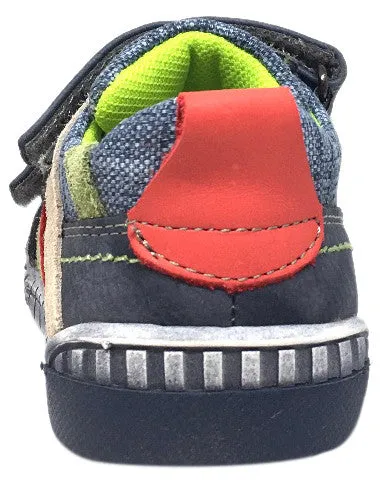 Beeko Boy's Zaan II Denim and Navy Leather Double Hook and Loop Strap Sneaker Shoe