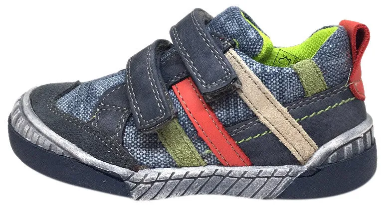 Beeko Boy's Zaan II Denim and Navy Leather Double Hook and Loop Strap Sneaker Shoe