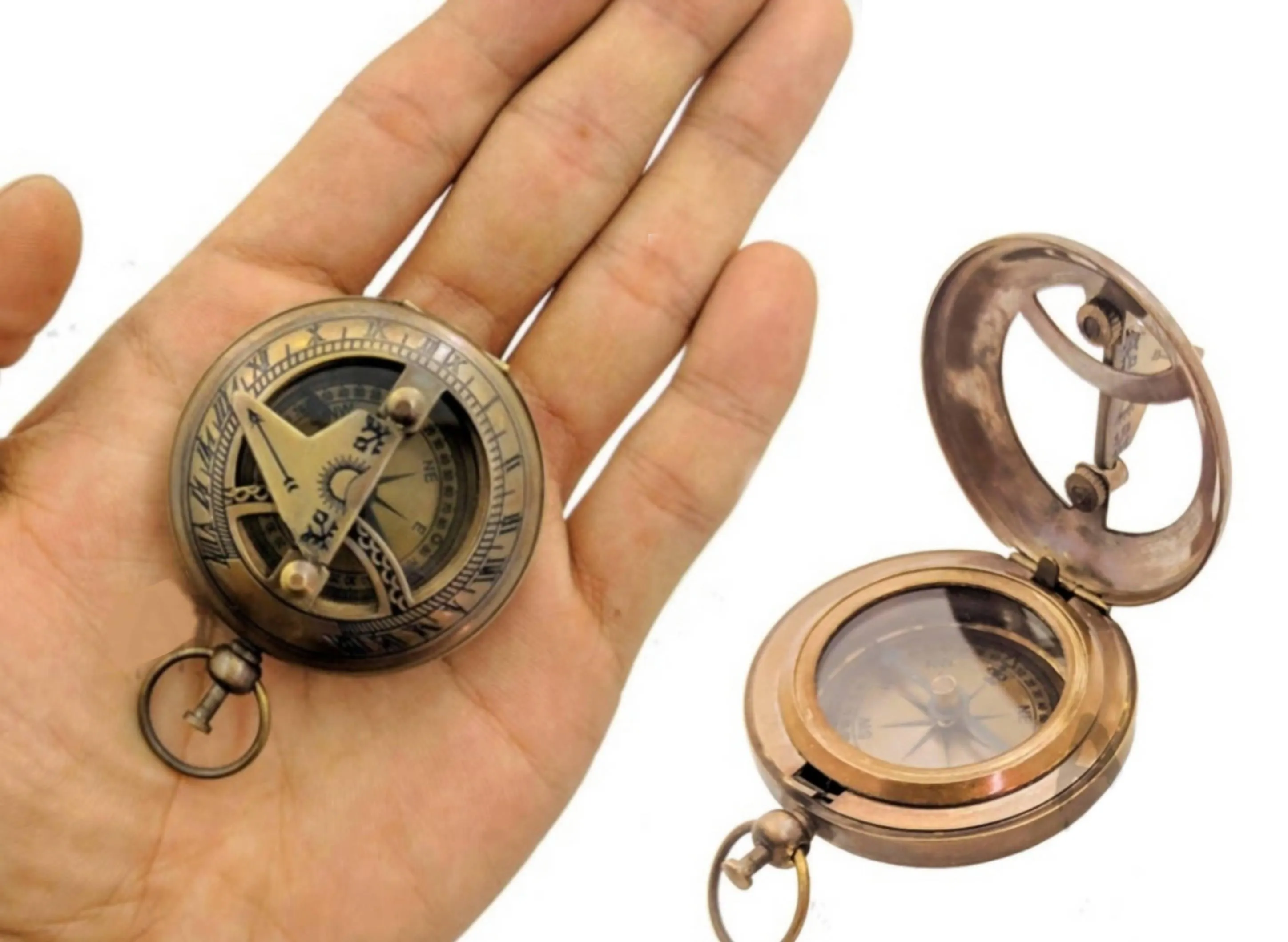 Brass Pocket Magnetic Sun Dial Map Type Compass