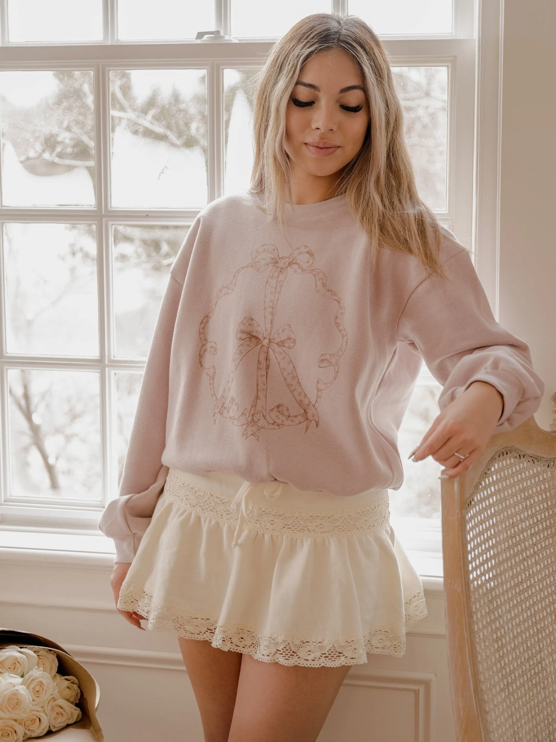 Ditsy Peace Sign Blush Pink Fleece Raglan Sweatshirt