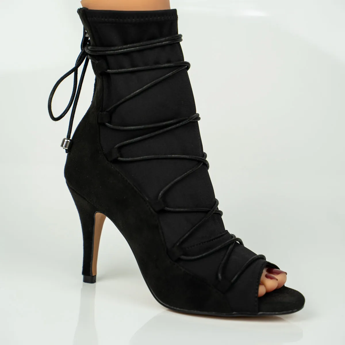 Eva Black Open Toe Lace Up Sock Bootie Dance Shoes