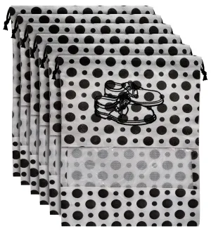 Heart Home Polka Dots Design 6 Piece Non Woven Travel Shoe Organizer Space Saving Fabric Storage Bags Organizer (Black & White)- HEART4055