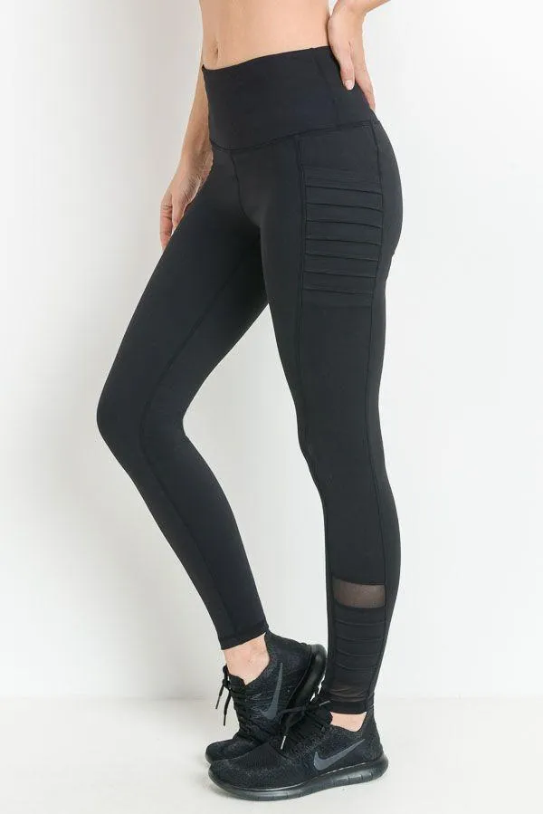 Highwaist Moto Ribbed Full Leggings with Mesh Leggings and Pockets