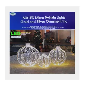 Hofert's 360 LED Micro Twinkle Lights Gold & Silver Ornament 3 Pcs. Set