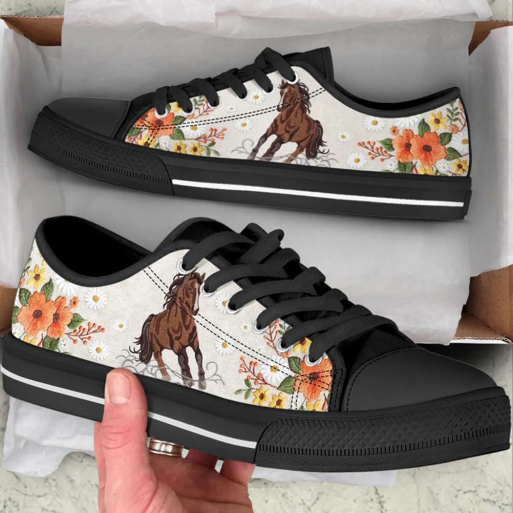 Horse Embroidery Floral Low Top Shoes Canvas Print Casual Shoes, Animal Print Canvas Shoes, Print On Canvas Shoes