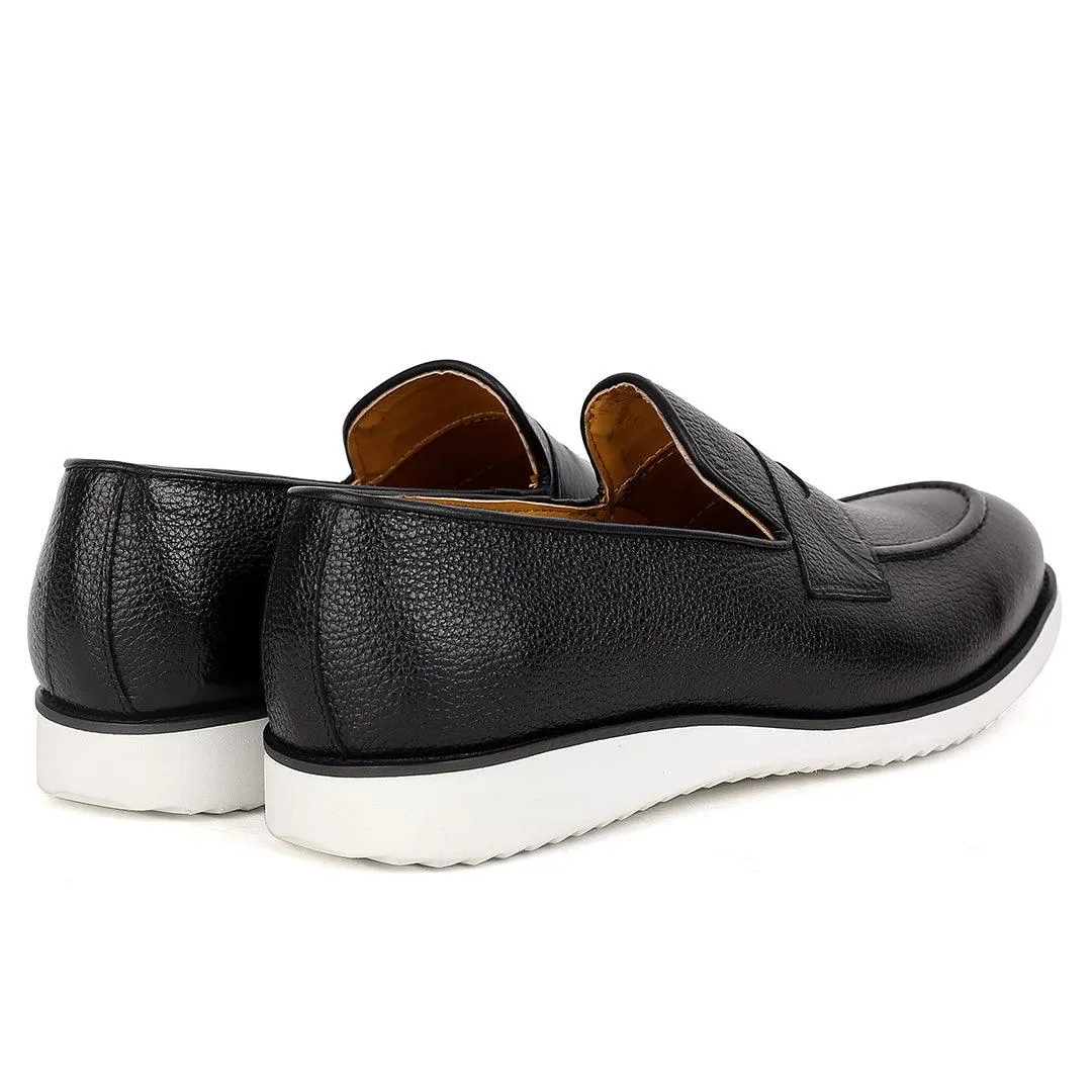 John Mendson Classic Black Leather Shoe With White Solid Sole