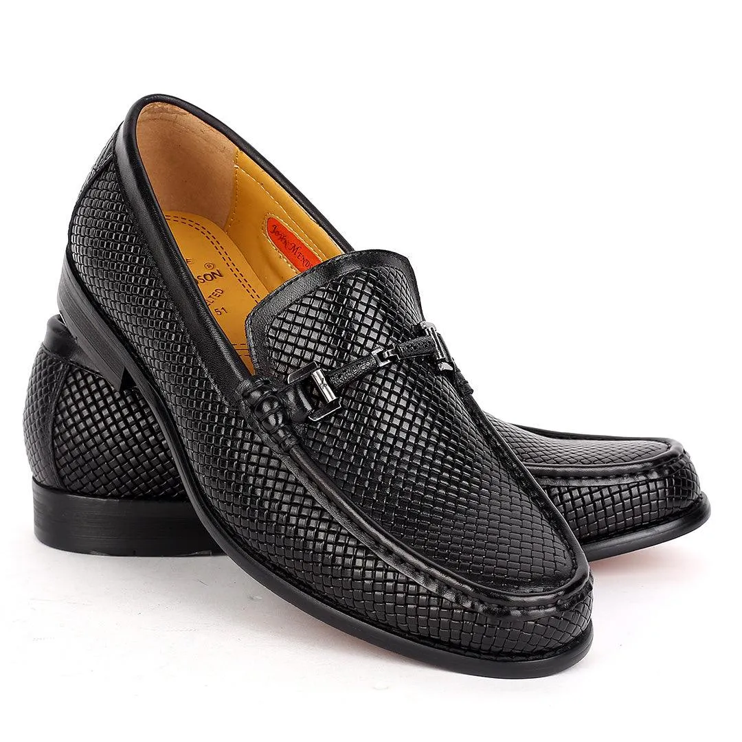 John Mendson Exquisite Black Woven  Designed Loafers Shoe With Black Metal Chain Design