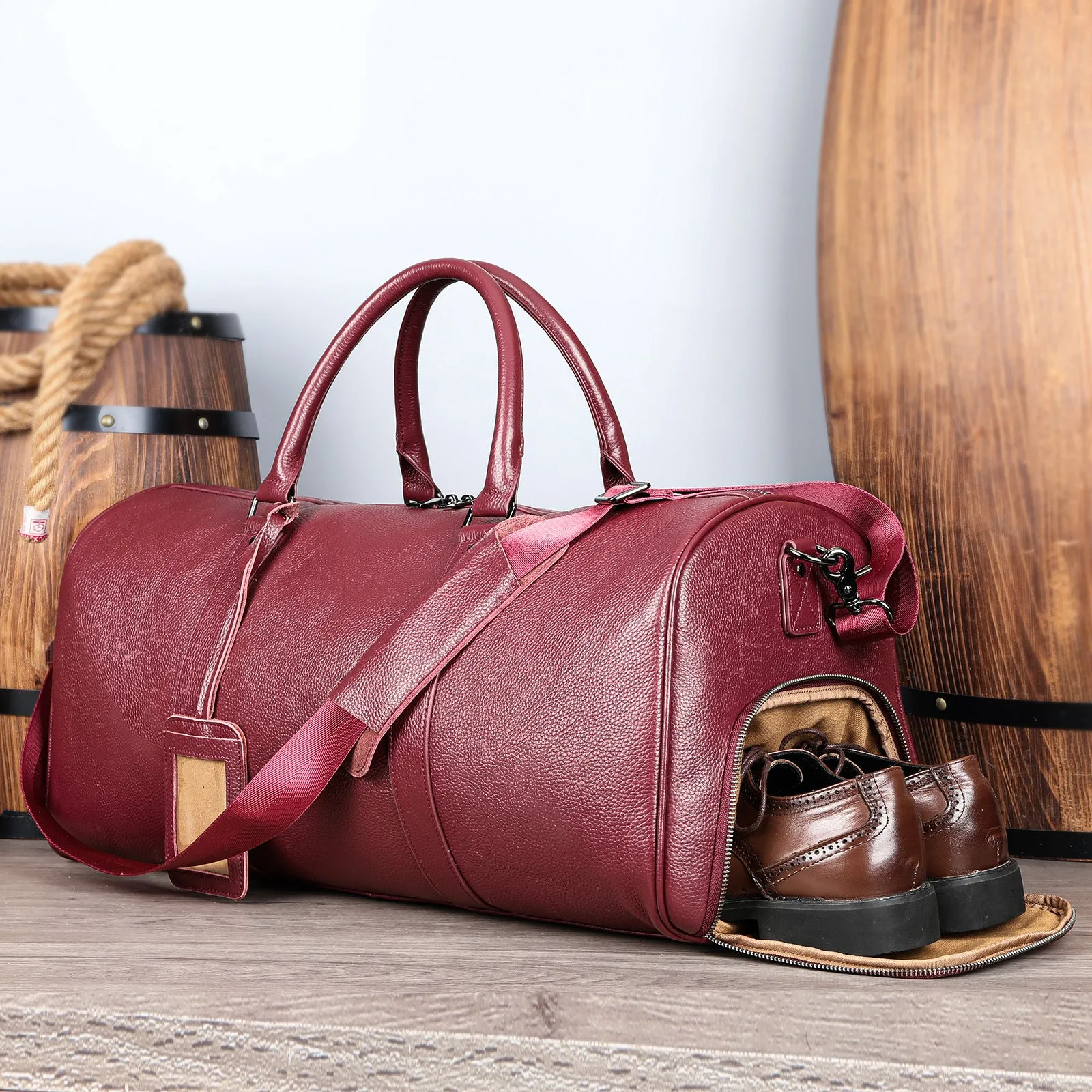 Leather Duffle Bag with Shoes Compartment