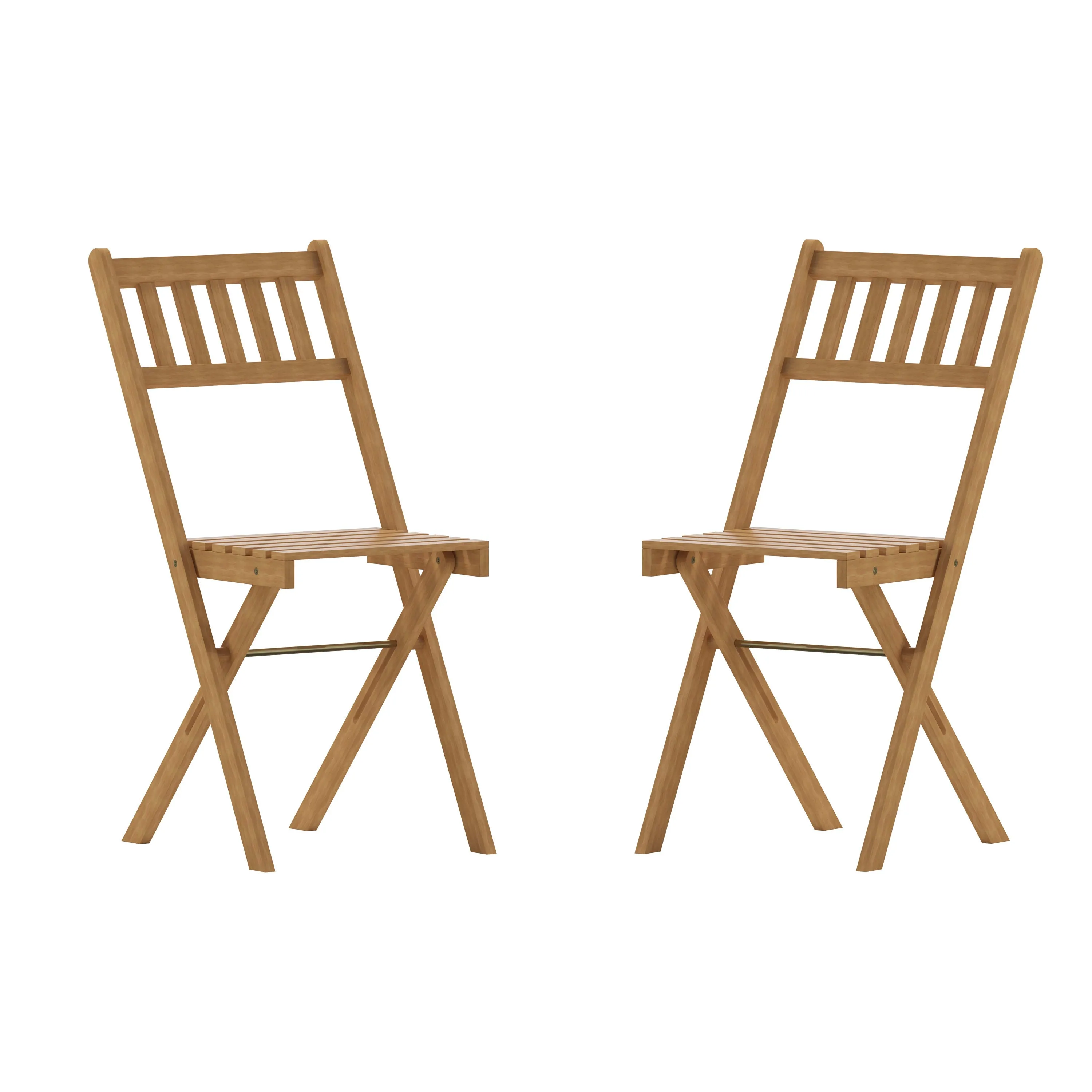 Martindale Indoor/Outdoor Folding Acacia Wood Patio Bistro Chairs with X Base Frame and Slatted Back and Seat in Natural Finish, Set of 2