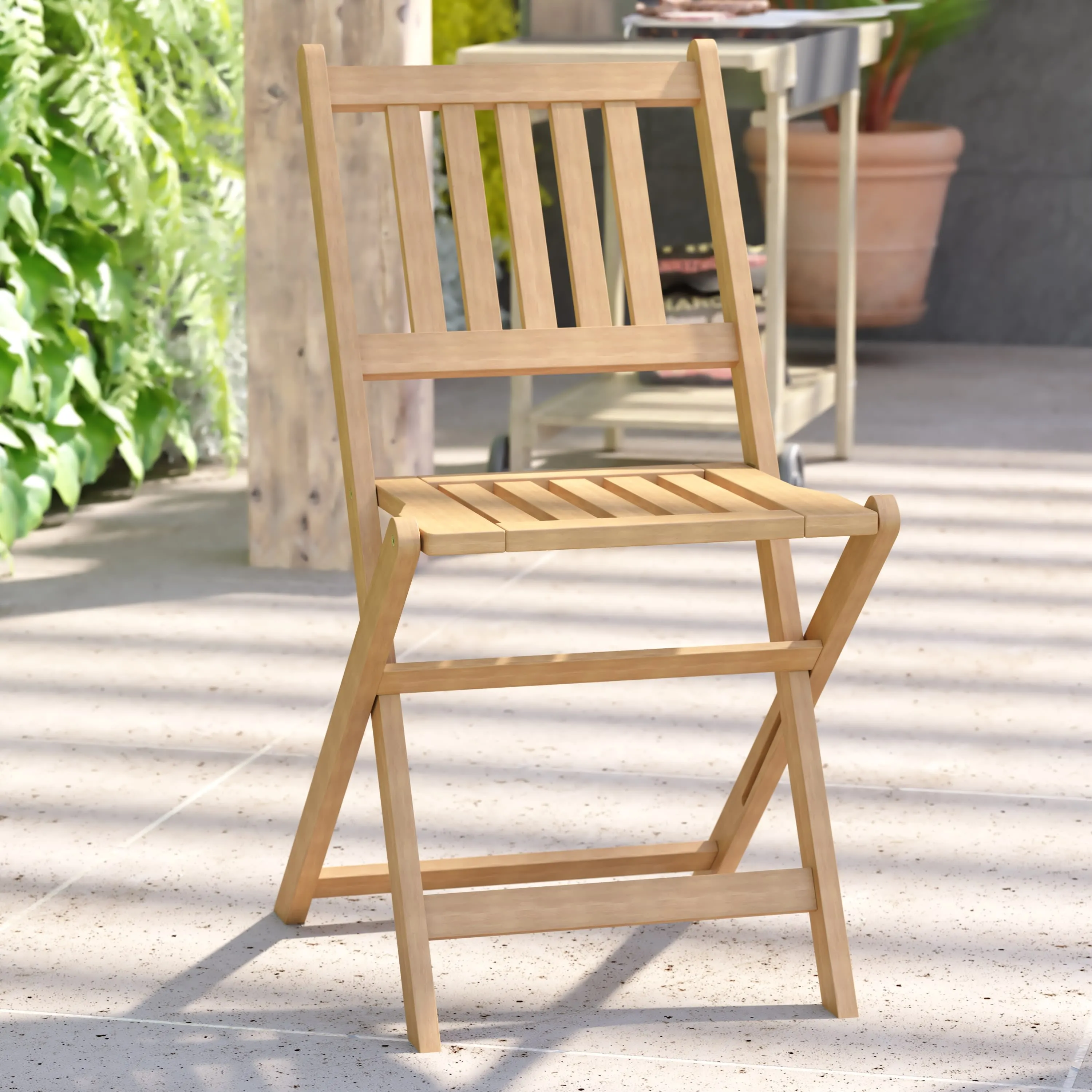 Martindale Indoor/Outdoor Folding Acacia Wood Patio Bistro Chairs with X Base Frame and Slatted Back and Seat in Natural Finish, Set of 2