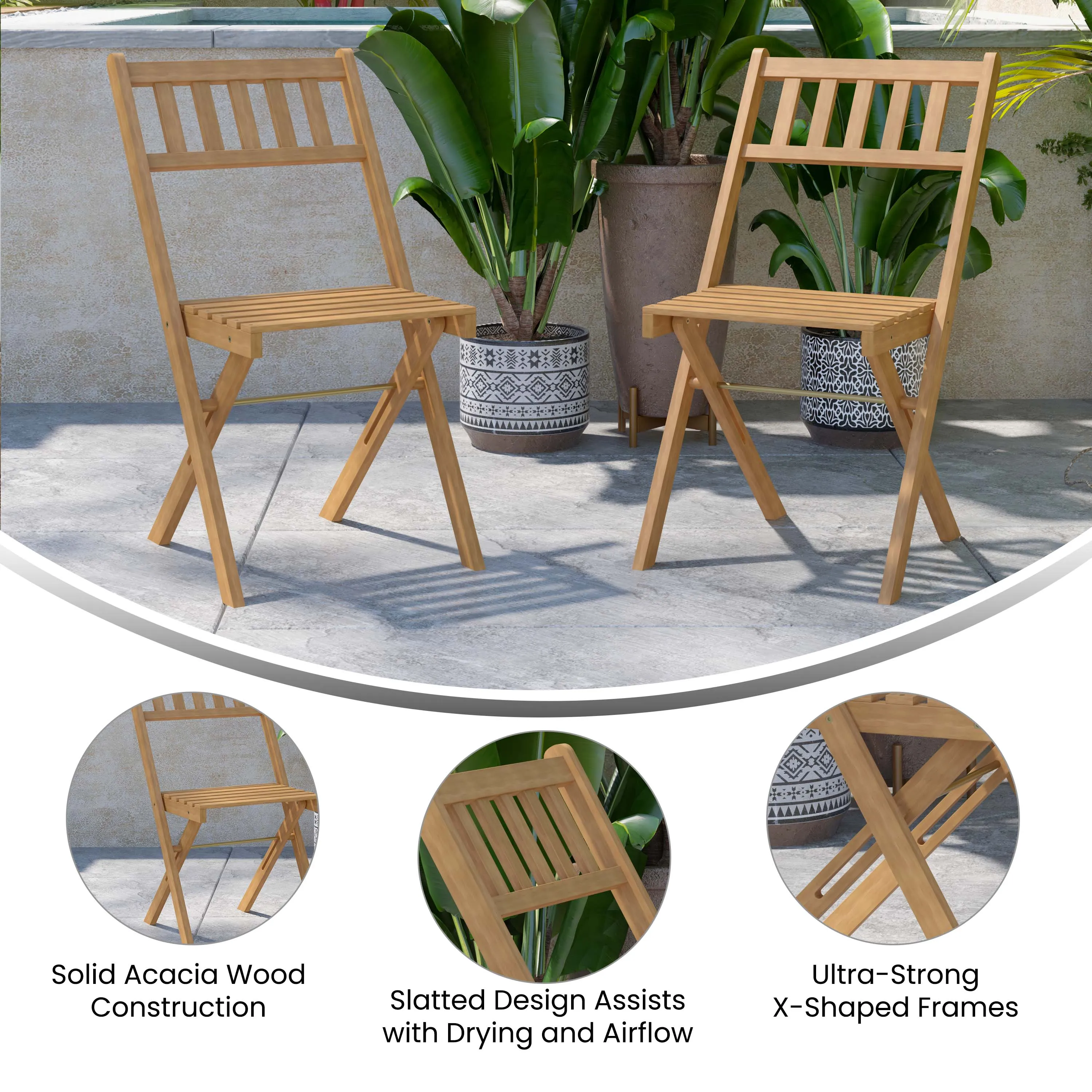 Martindale Indoor/Outdoor Folding Acacia Wood Patio Bistro Chairs with X Base Frame and Slatted Back and Seat in Natural Finish, Set of 2