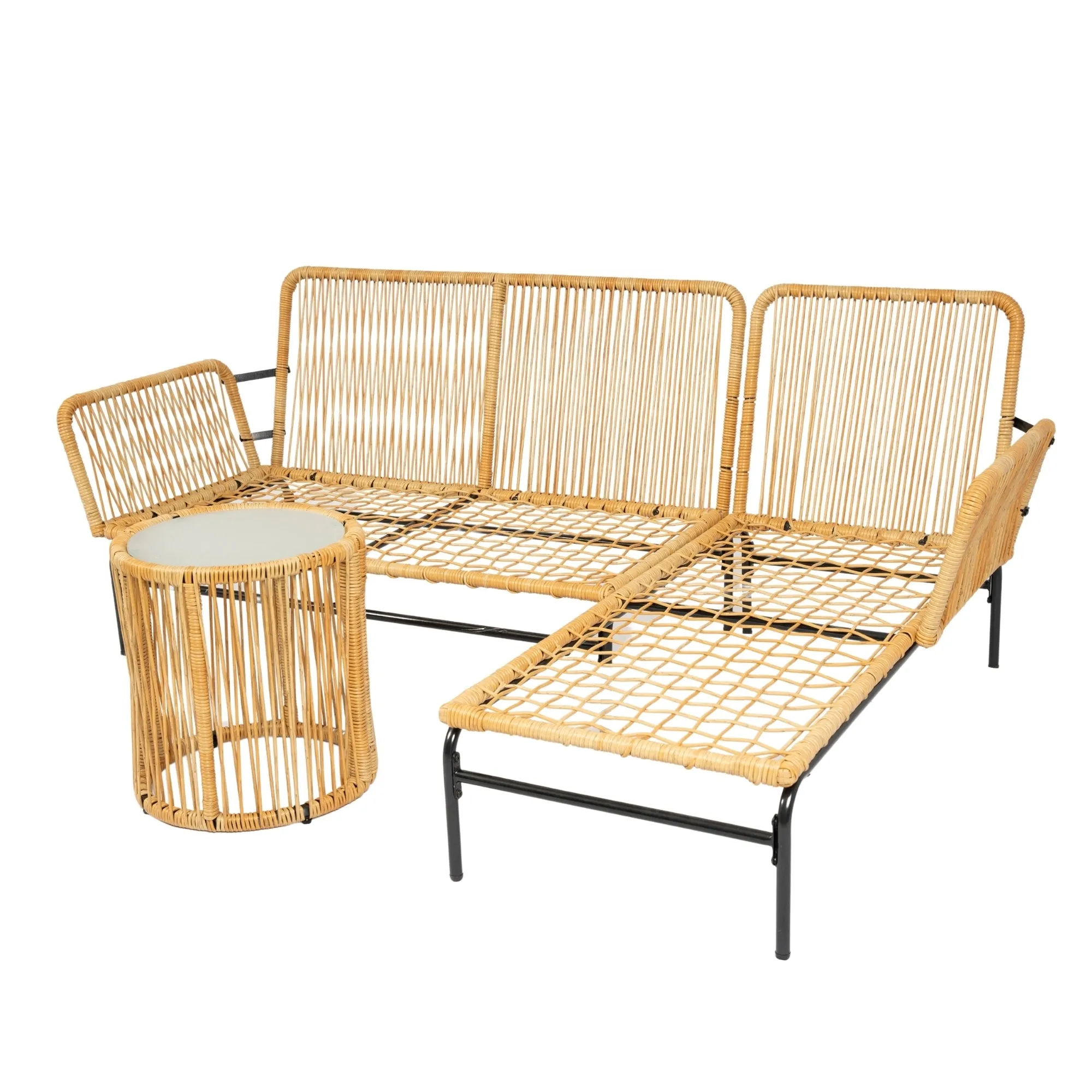 Modern 3-Piece Patio Furniture Set -Yellow Wicker   Creme Cushion