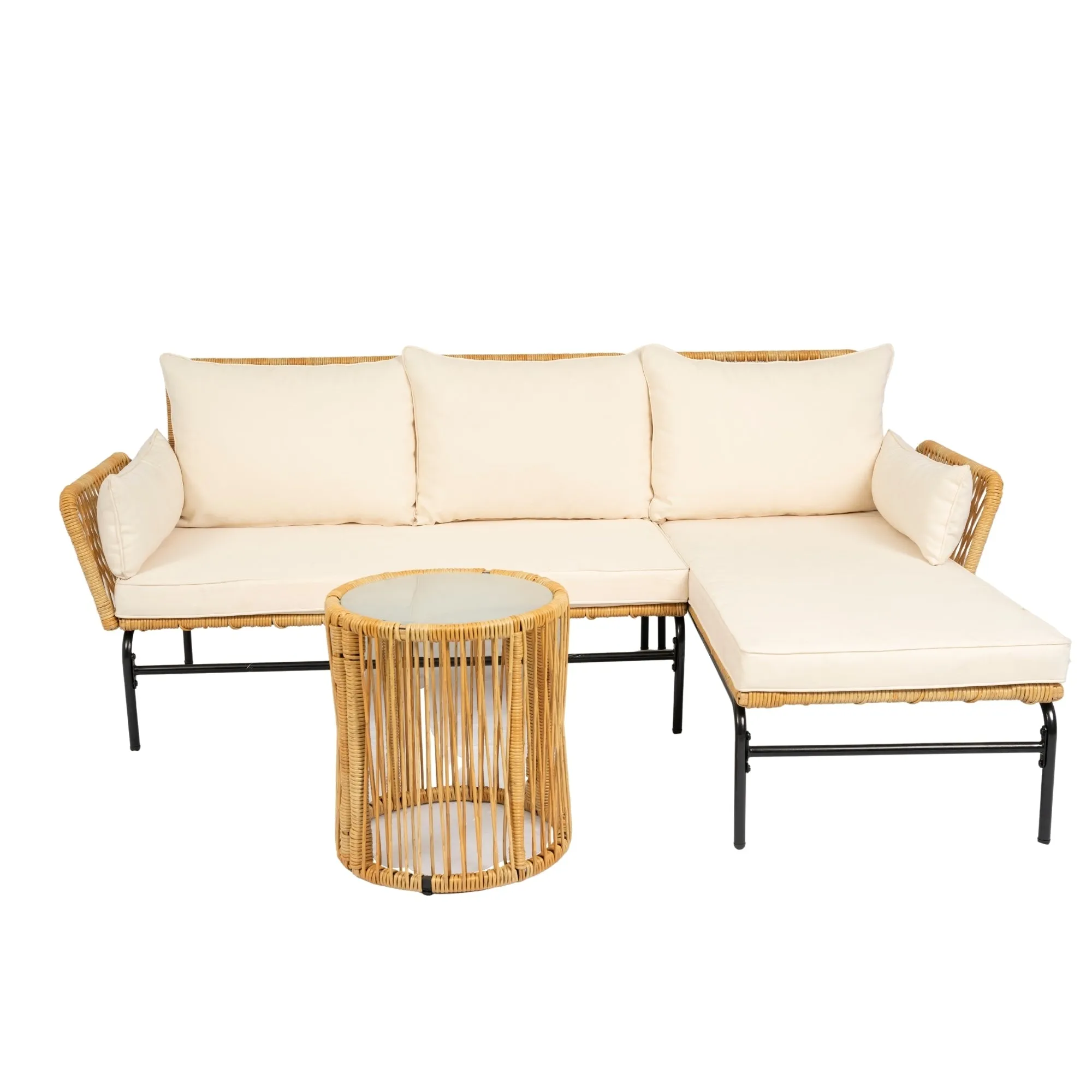 Modern 3-Piece Patio Furniture Set -Yellow Wicker   Creme Cushion