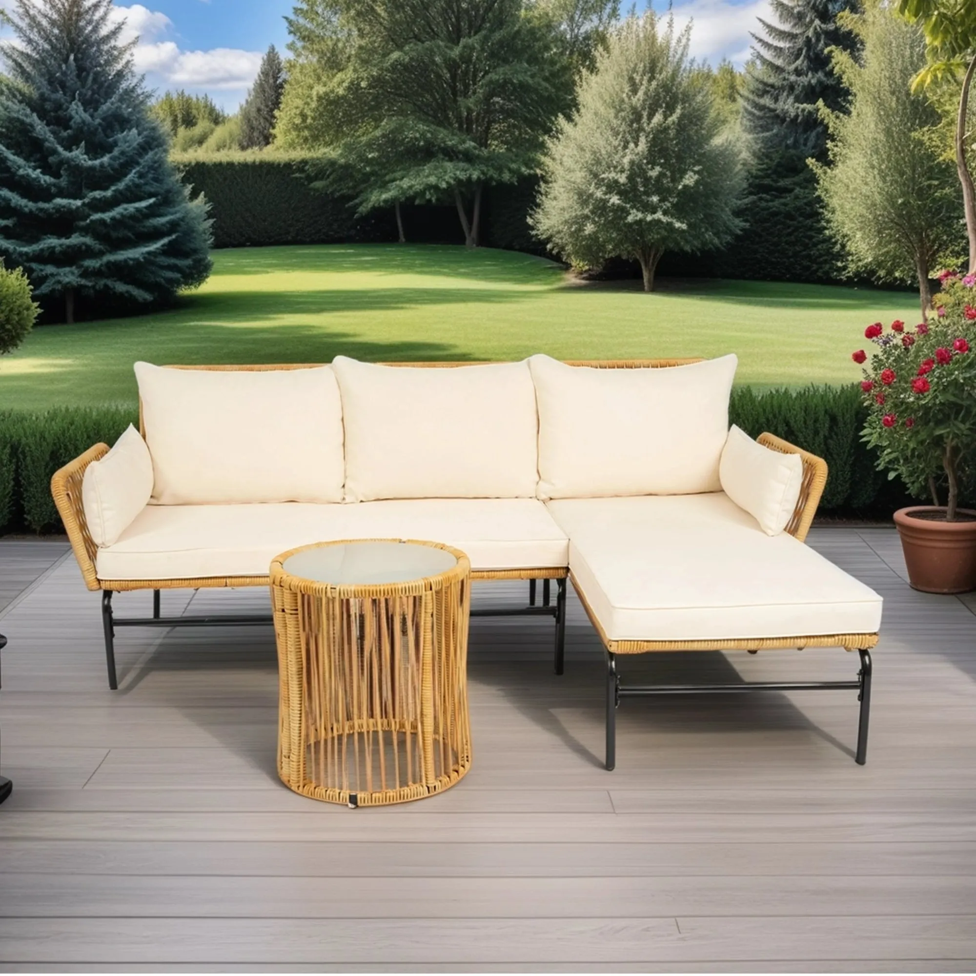 Modern 3-Piece Patio Furniture Set -Yellow Wicker   Creme Cushion