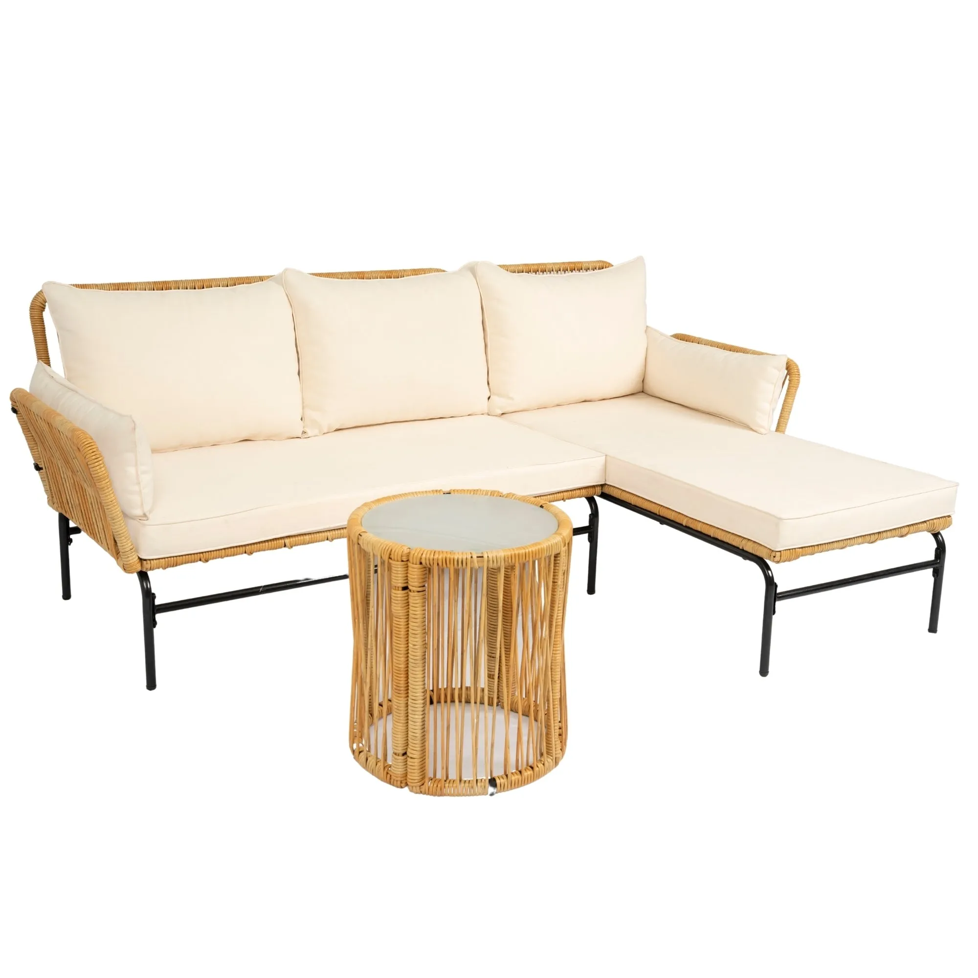 Modern 3-Piece Patio Furniture Set -Yellow Wicker   Creme Cushion