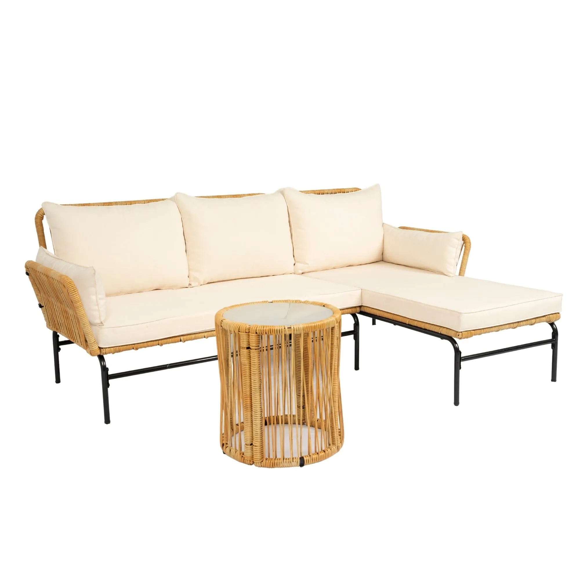 Modern 3-Piece Patio Furniture Set -Yellow Wicker   Creme Cushion