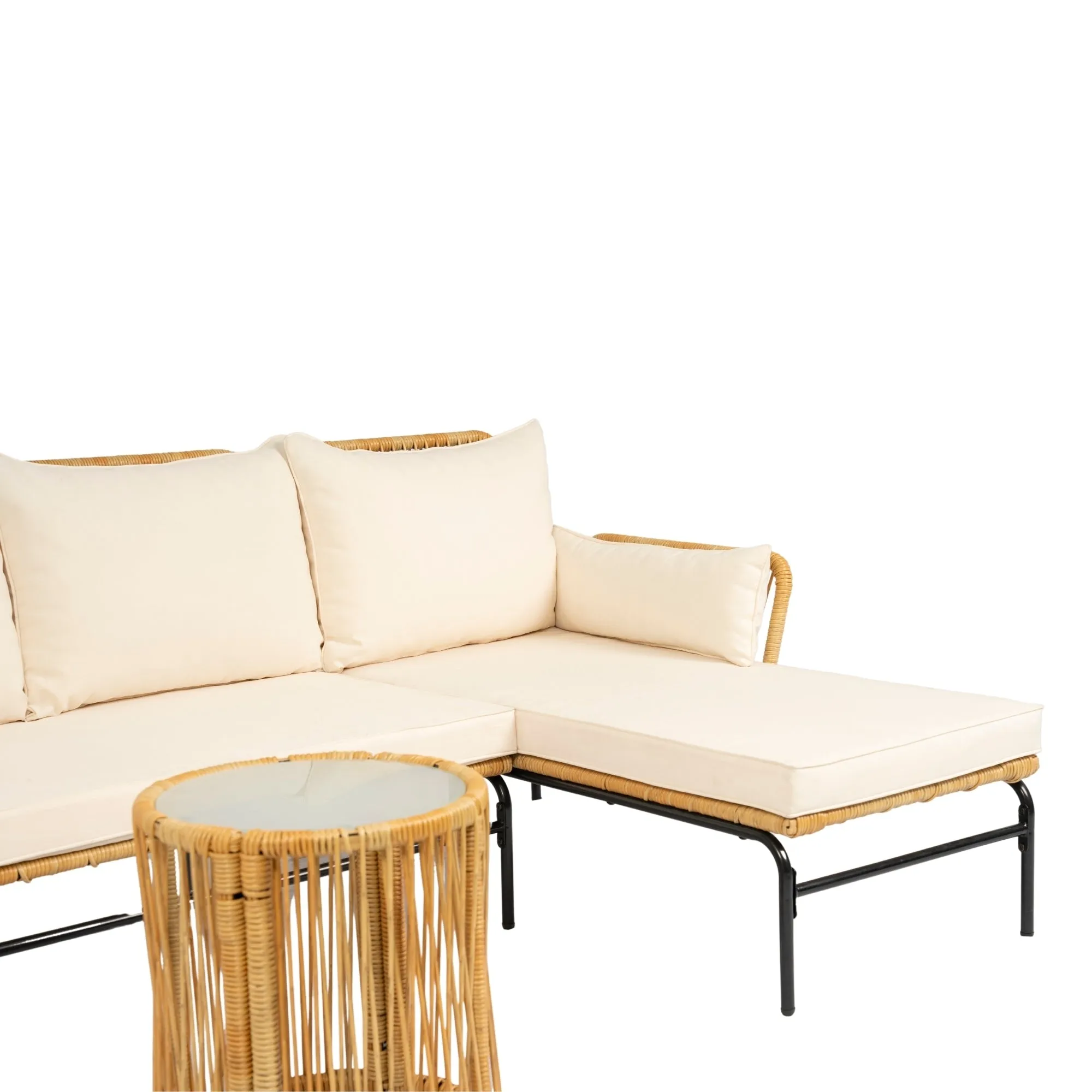 Modern 3-Piece Patio Furniture Set -Yellow Wicker   Creme Cushion