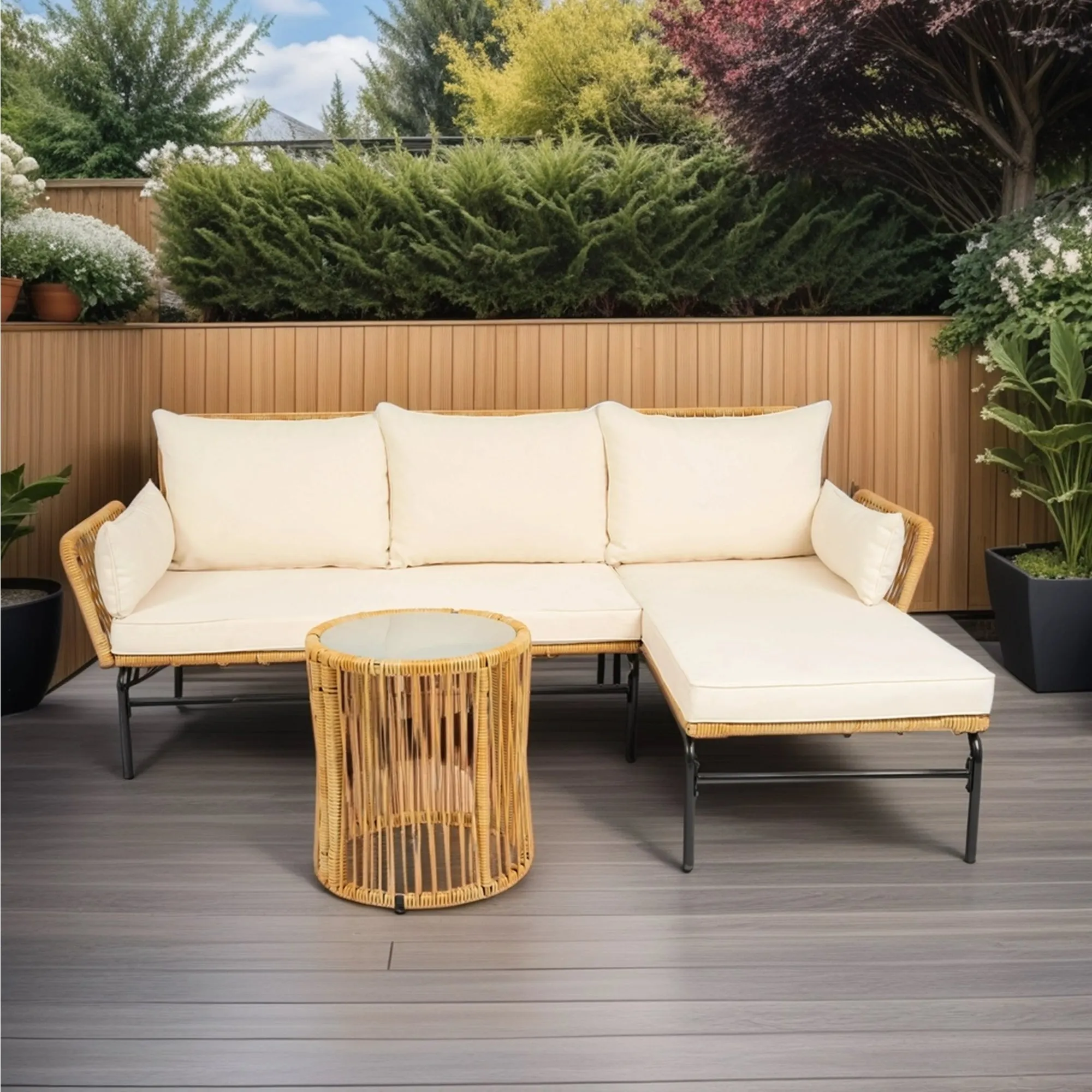 Modern 3-Piece Patio Furniture Set -Yellow Wicker   Creme Cushion