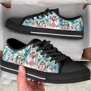 Shih Tzu Dog Flowers Pattern Low Top Shoes Canvas Sneakers Casual Shoes, Dog Printed Shoes, Canvas Shoes For Men, Women