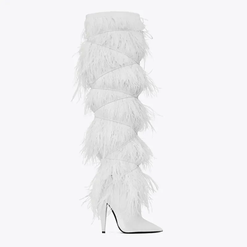 Suede Cross-tied  Ostrich Feather Knee High Boots