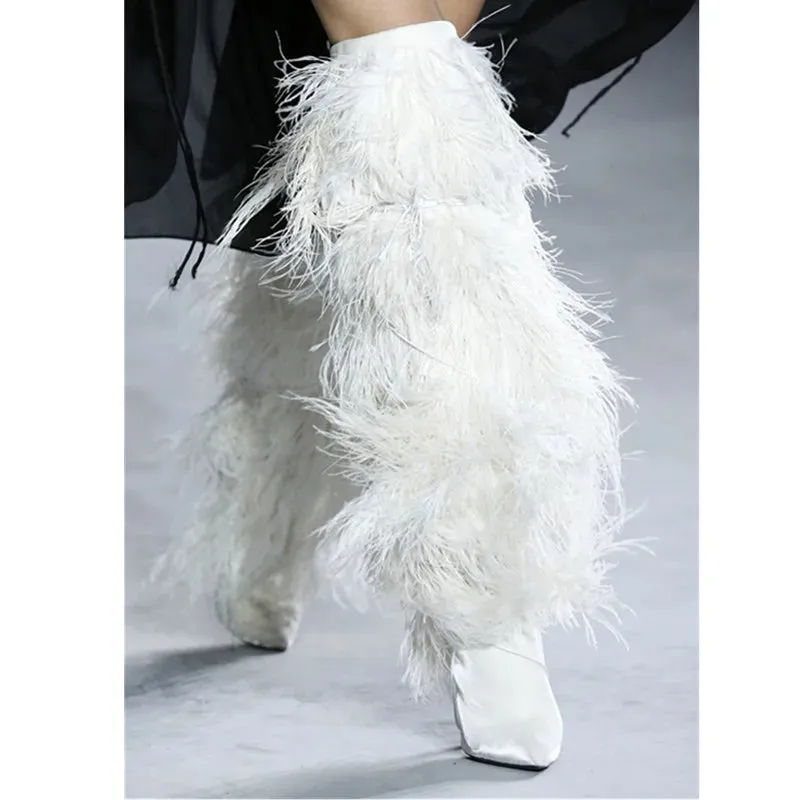 Suede Cross-tied  Ostrich Feather Knee High Boots