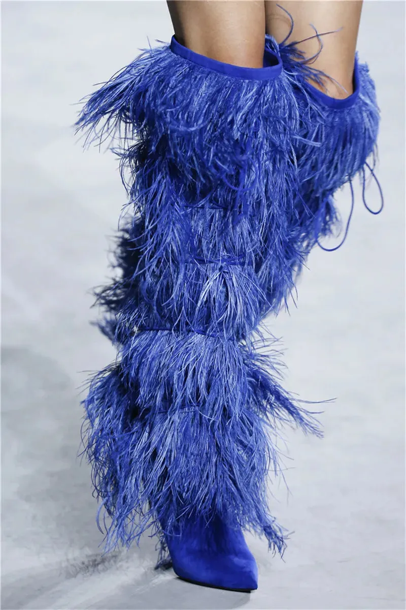 Suede Cross-tied  Ostrich Feather Knee High Boots