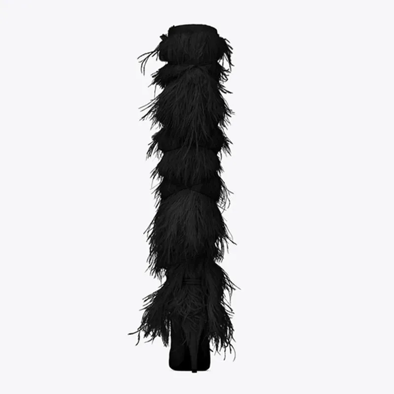 Suede Cross-tied  Ostrich Feather Knee High Boots