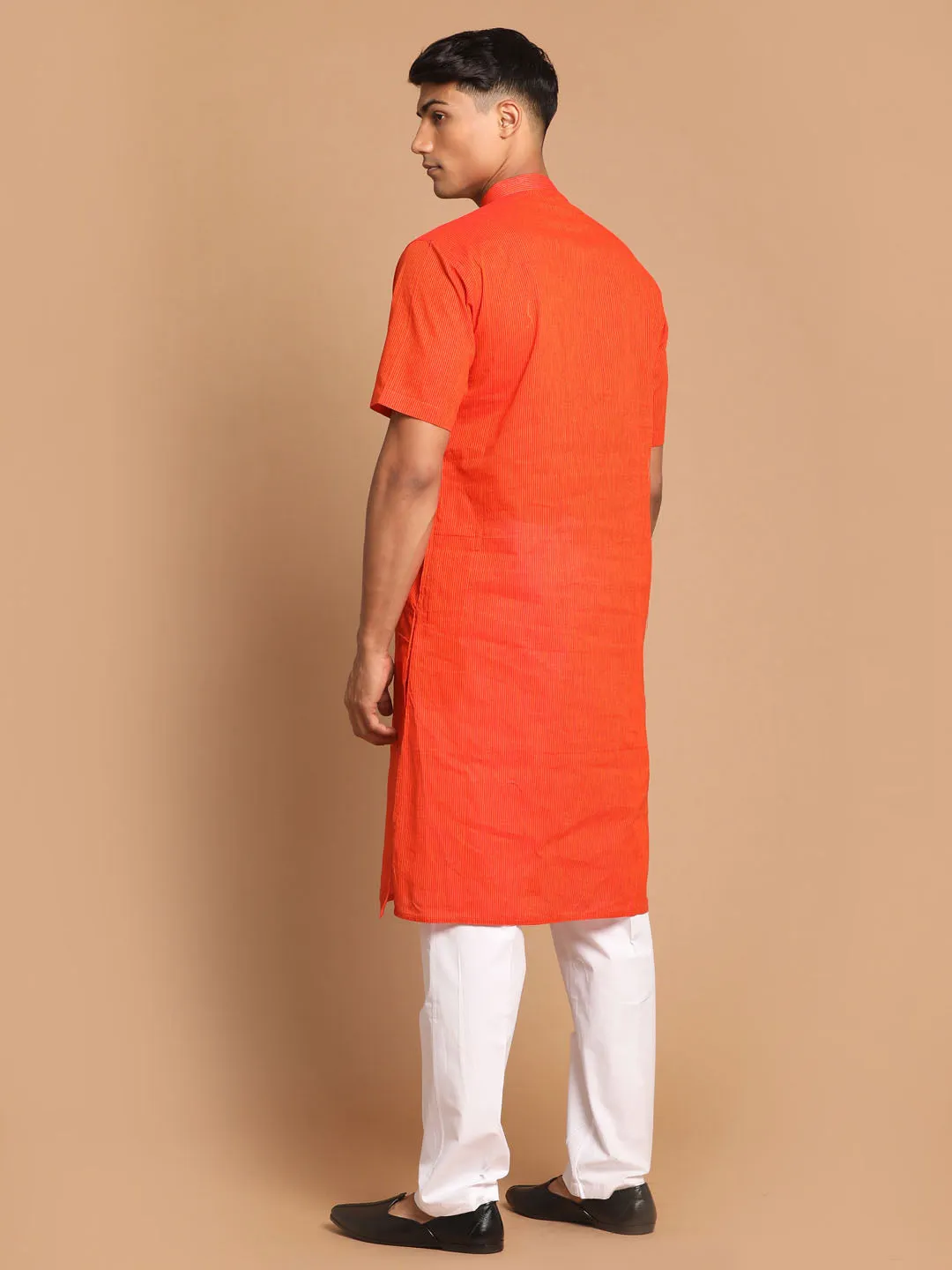 VASTRAMAY Orange Striped Cotton Kurta Set