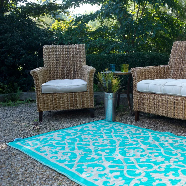 Venice Traditional Recycled Plastic Turquoise and Cream Outdoor Rug