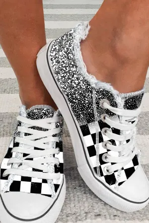 Women’s Canvas Low Top Sneaker Checkerboard Print Canvas Slip on Shoes Black-White